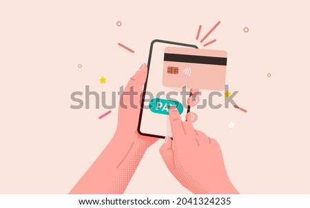 Mobile banking app and e-payment. Hand with smartphone and pay by credit card via electronic wallet wirelessly on phone. Online banking. Shopping by phone and connected card. Vector illustration
