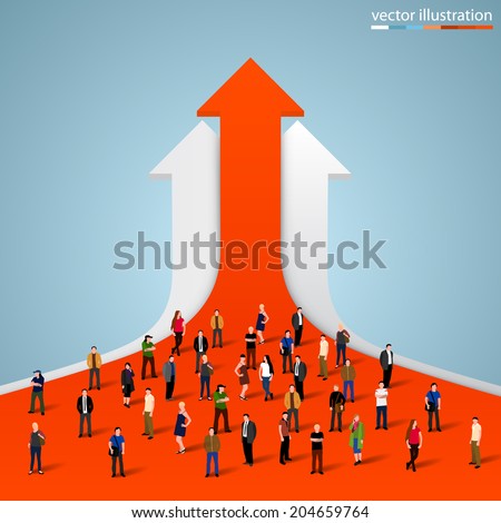 People crowd on the graph, Businessman of success, Arrow finance up, Arrows business profit info. Profit red arrow with people,  Vector illustration