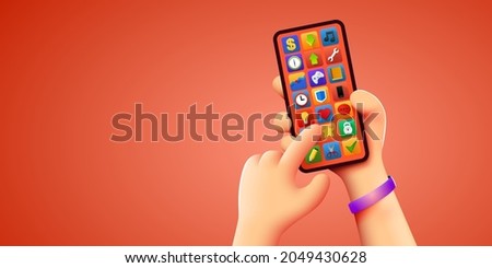 Holding phone in two hands. Phone mockup. Editable smartphone template. Touching screen with finger. Vector illustration 