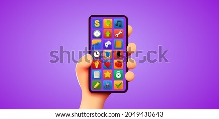 Cute 3D cartoon hand holding mobile smart phone. Modern mockup. Vector illustration