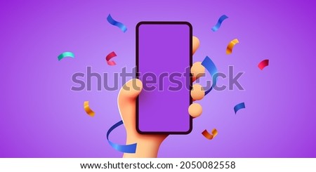 Cute 3D cartoon hand holding mobile smart phone with celebratory confetti flying around. Winner concept. Modern mockup. Vector illustration