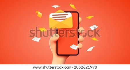Hand holding mobile smart phone with mail app. Mail service concept. Vector illustration