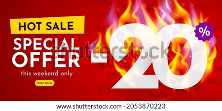 20 percent Off. Hot sale banner with burning numbers. Discount poster. Vector illustration