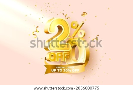 20 Off. Discount creative composition. 3d sale symbol with decorative objects, golden confetti, podium and gift box. Sale banner and poster. Vector illustration.