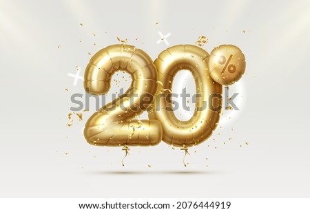 20 Off. Discount creative composition. 3d Golden sale symbol with decorative objects, heart shaped balloons, golden confetti, podium and gift box. Sale banner and poster. Vector illustration.