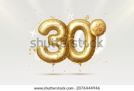 30 Off. Discount creative composition. 3d Golden sale symbol with decorative objects, heart shaped balloons, golden confetti, podium and gift box. Sale banner and poster. Vector illustration.