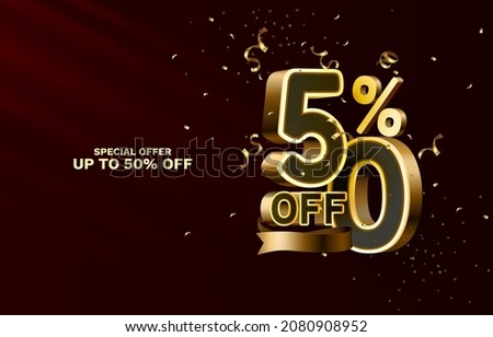 50 Off. Discount creative composition. 3d sale symbol with decorative objects, golden confetti, podium and gift box. Sale banner and poster. Vector illustration.