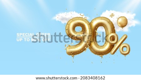 90 Off. Discount creative composition. 3d Golden sale symbol with decorative objects, heart shaped balloons, golden confetti, podium and gift box. Sale banner and poster. Vector illustration.