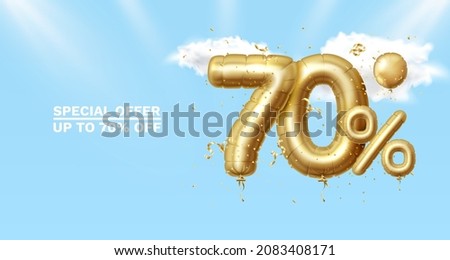 70 Off. Discount creative composition. 3d Golden sale symbol with decorative objects, heart shaped balloons, golden confetti, podium and gift box. Sale banner and poster. Vector illustration.