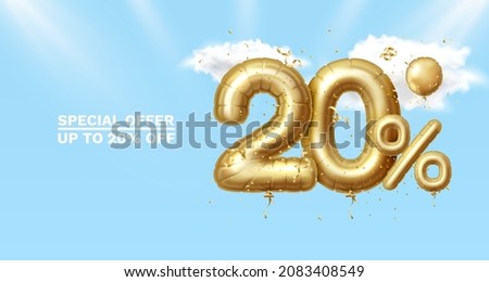 20 Off. Discount creative composition. 3d Golden sale symbol with decorative objects, heart shaped balloons, golden confetti, podium and gift box. Sale banner and poster. Vector illustration.