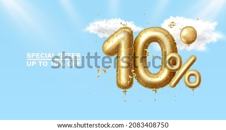 10 Off. Discount creative composition. 3d Golden sale symbol with decorative objects, heart shaped balloons, golden confetti, podium and gift box. Sale banner and poster. Vector illustration.