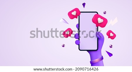 Cute 3D cartoon hand holding mobile smartphone with Likes notification icons. Social media and marketing concept. Vector illustration