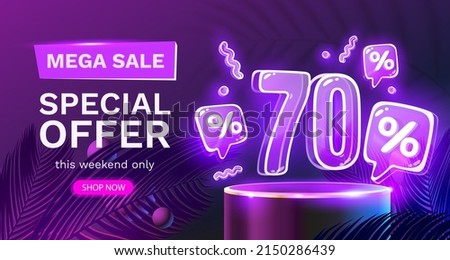 Mega sale special offer, Neon 70 off sale banner. Sign board promotion. Vector illustration