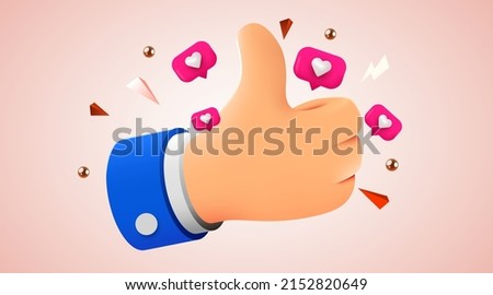 Cartoon human hand with thumb. Concept of like at social network, success or good feedback. 3d vector illustration