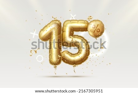 15 Off. Discount creative composition. 3d Golden sale symbol with decorative objects, heart shaped balloons, golden confetti. Sale banner and poster. Vector illustration.
