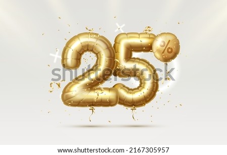 25 Off. Discount creative composition. 3d Golden sale symbol with decorative objects, heart shaped balloons, golden confetti. Sale banner and poster. Vector illustration.