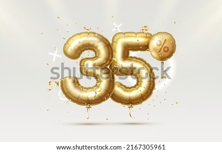 35 Off. Discount creative composition. 3d Golden sale symbol with decorative objects, heart shaped balloons, golden confetti. Sale banner and poster. Vector illustration.