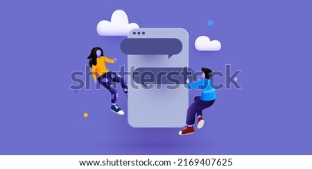 Small people flying around chat window. Talking couple. Online messenger or contacts sign concept. Vector illustration.