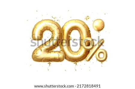 20 Off balloons, discount sale, balloon in the form of a digit, golden confetti. Vector illustration.