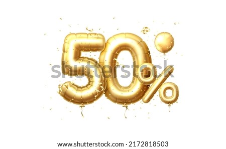 50 Off balloons, discount sale, balloon in the form of a digit, golden confetti. Vector illustration.