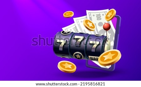 Casino slots machine winner, online games phone, 777 win banner. Vector illustration