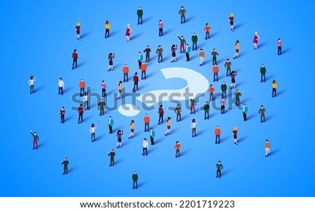 Large group of people standing around question mark sign. People crowd. Vector illustration