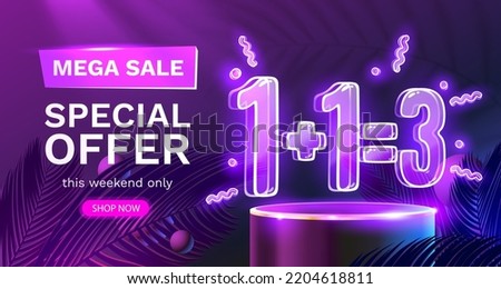 Special offer One plus one equals three, sale off poster. Vector illustration