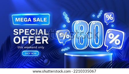 Mega sale special offer, Neon 80 off sale banner. Sign board promotion. Vector illustration