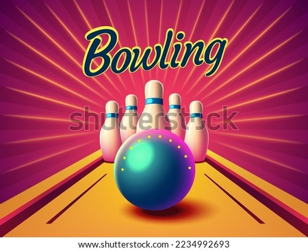 Bowling party club poster with the bright background. Vector illustration