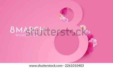 International Women's Day Banner. Flyer for March 8 with flowers decor. Number 8. Invitation in paper cut style with spring plants, leaves and flowers