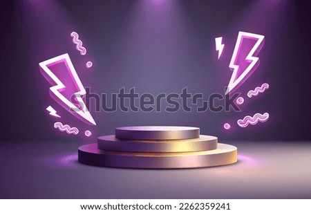 Electro scene mega sale, danger podium banner, neon night pedestal. Vector illustration