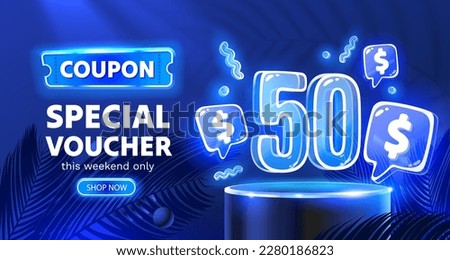 Coupon special voucher 50 dollar,  Neon banner special offer. Vector illustration