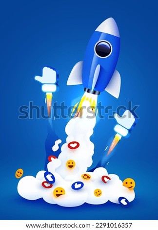 Rocket launching with smoke, likes and social media icons. Marketing boost concept. Vector illustration