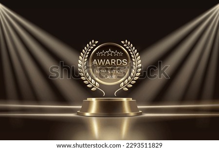 Awards nomination name podium, golden prize event, scene star ceremony. Vector illustration