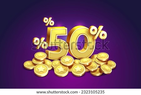 Cashback 50 Percentage golden coins, financial save off. Vector illustration