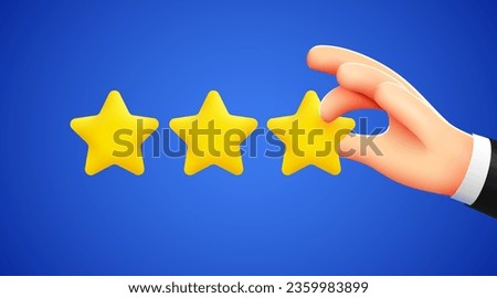 Hand pointing three gold star rating. Modern 3d style. Vector illustration