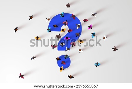 Large group of people standing around question mark sign. People crowd. Top view. Vector illustration