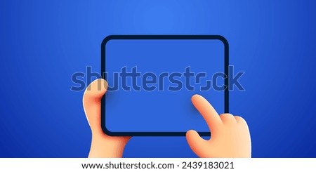 3d Hand holding ipad or tablet pc. Ipad mockup. Editable template. Touching screen with finger. Vector illustration 