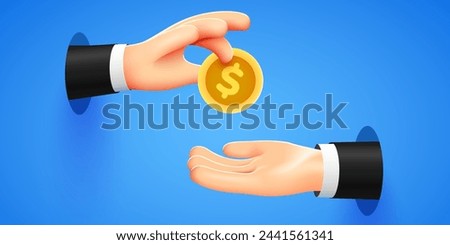 Hand holds a coin and gives it to another. Salary, charity and finance concept. Modern 3d style. Vector illustration