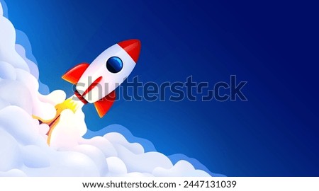 Rocket launch in the sky flying over clouds. Space ship in smoke clouds. Business concept. Start up template. Horizontal background. Vector illustration.
