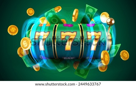 Golden slot machine wins the jackpot. 777 Big win concept. Casino jackpot. Vector illustration
