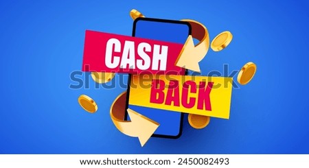 Smartphone with cashback label and flying coins. Money back. Online shopping. Vector illustration