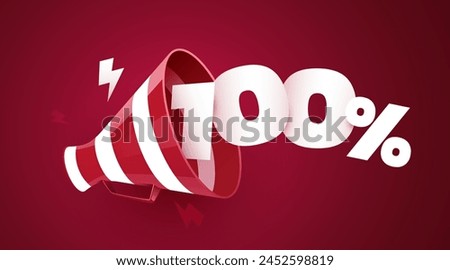 100 percent off. Sale banner with 3D megaphone. Vector illustration