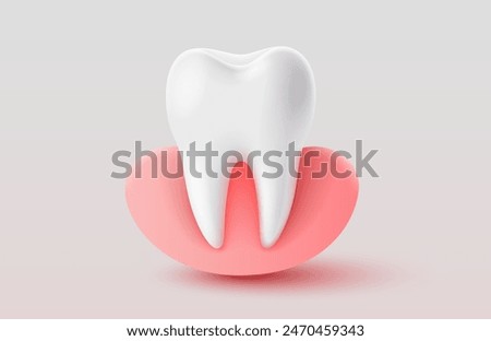 Tooth with gum, 3D illustration of a tooth on a light background. Vector illustration