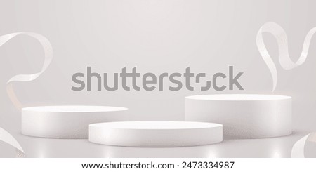 Abstract scene background. Cylinder podium background with ribbons. Product presentation, mock up, show cosmetic product, Podium, stage pedestal or platform. Vector illustration