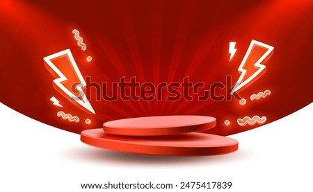 Electro scene mega sale, danger podium banner, neon night pedestal. Vector illustration