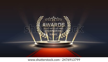 Awards nomination name podium, golden prize event, scene star ceremony. Vector illustration