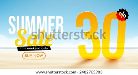 30 percent Off. Discount summer composition. Ocean beach. Sale banner and poster. Vector illustration.