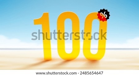 100 percent Off. Discount summer composition. Ocean beach. Sale banner and poster. Vector illustration.