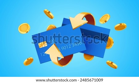 Cashback icon with credit card isolated on blue background. Cashback or money back label. Vector illustration